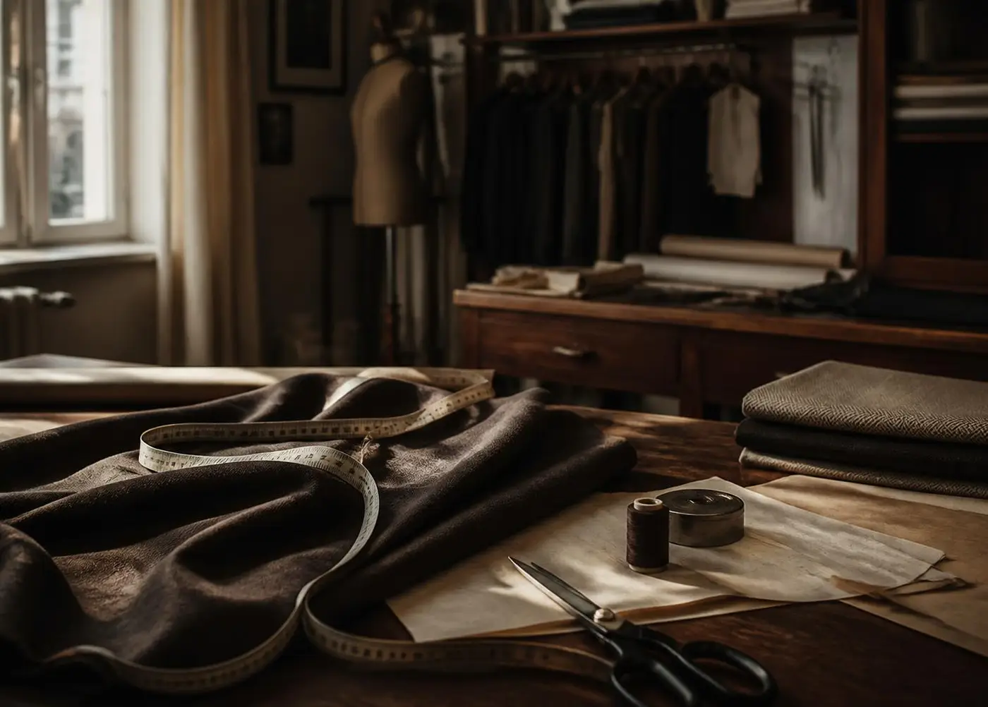 Tailor's workroom with wool cloth, measuring tape and scissors