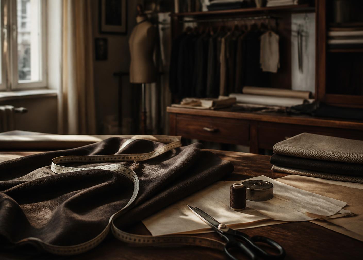 Tailor's workroom with wool cloth, measuring tape and scissors