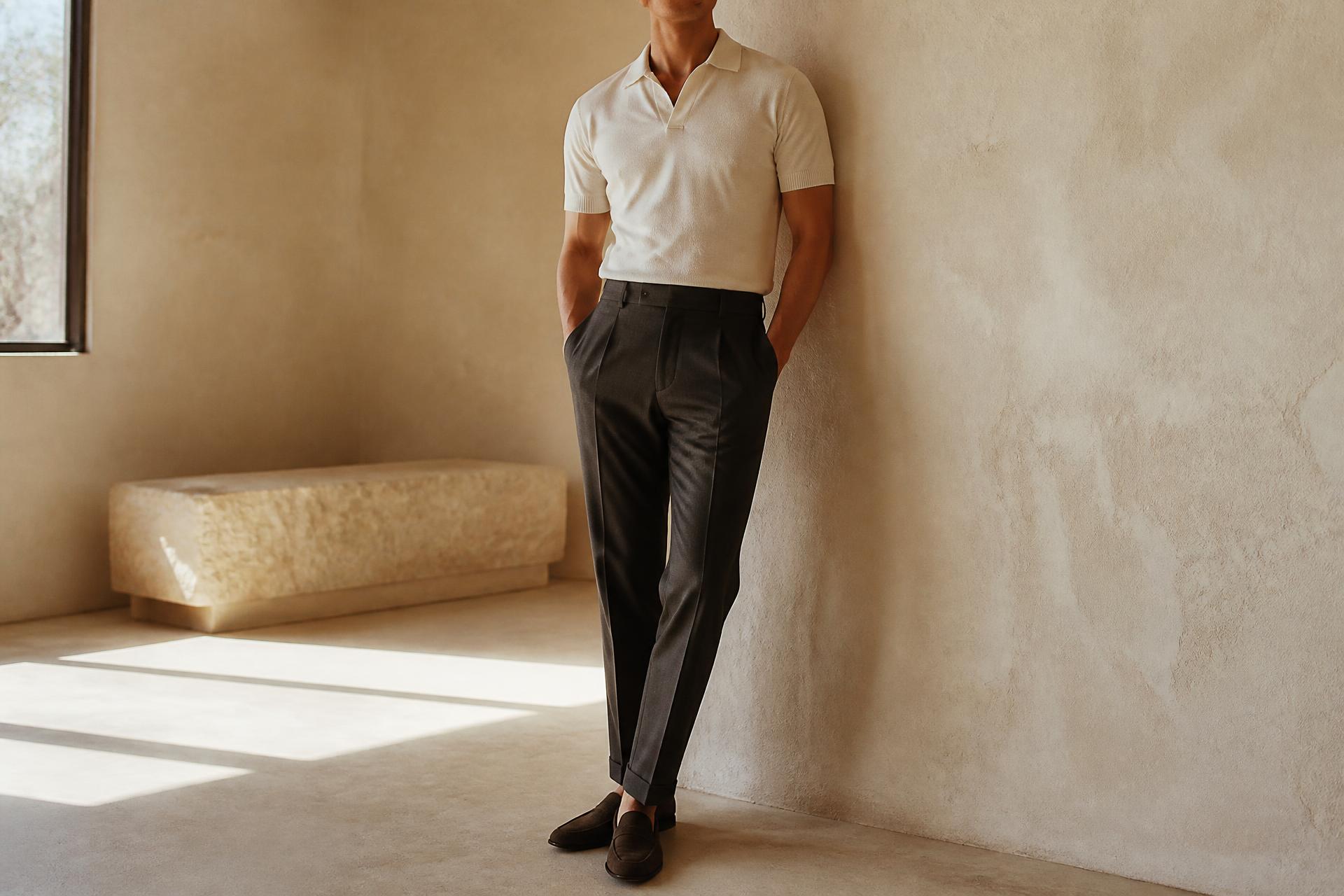 Man in charcoal tailored trousers and ivory knit polo in a sunlit ivory room